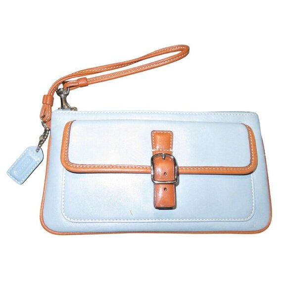 Coach Vintage Soho Powder Blue Wristlet with Tan leather trim & buckle flap and - Picture 1 of 5